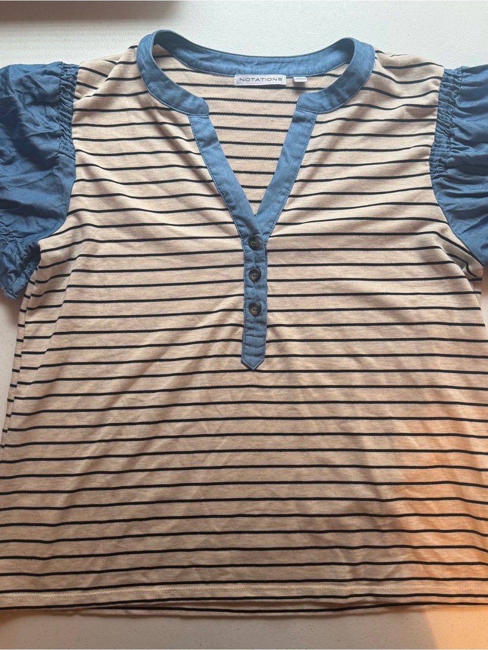 Notations Striped Top with Blue Trim and Puff Sleeves | Size L